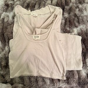 Open Edit Women's Cream Ribbed Pajama Set